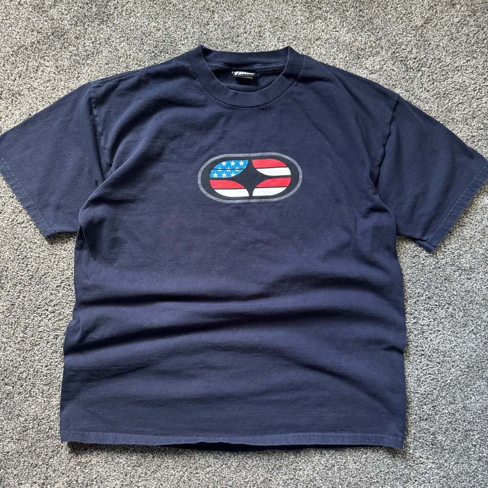 Vintage No Fear American Flag Oval Logo T-Shirt Navy Blue 90s Y2K XL